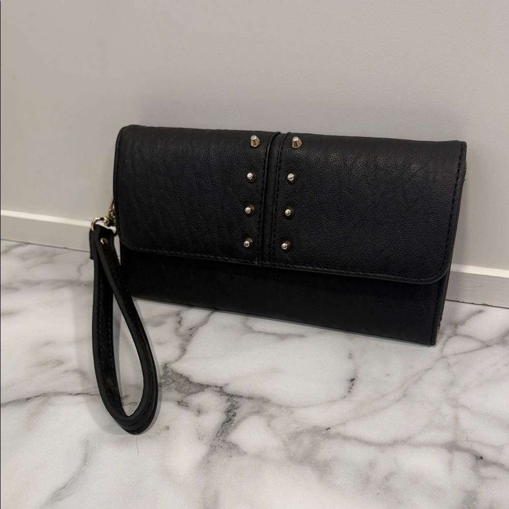 Jessica Simpson Black Faux Leather Wristlet Clutch with Gold Logo - Picture 2 of 4